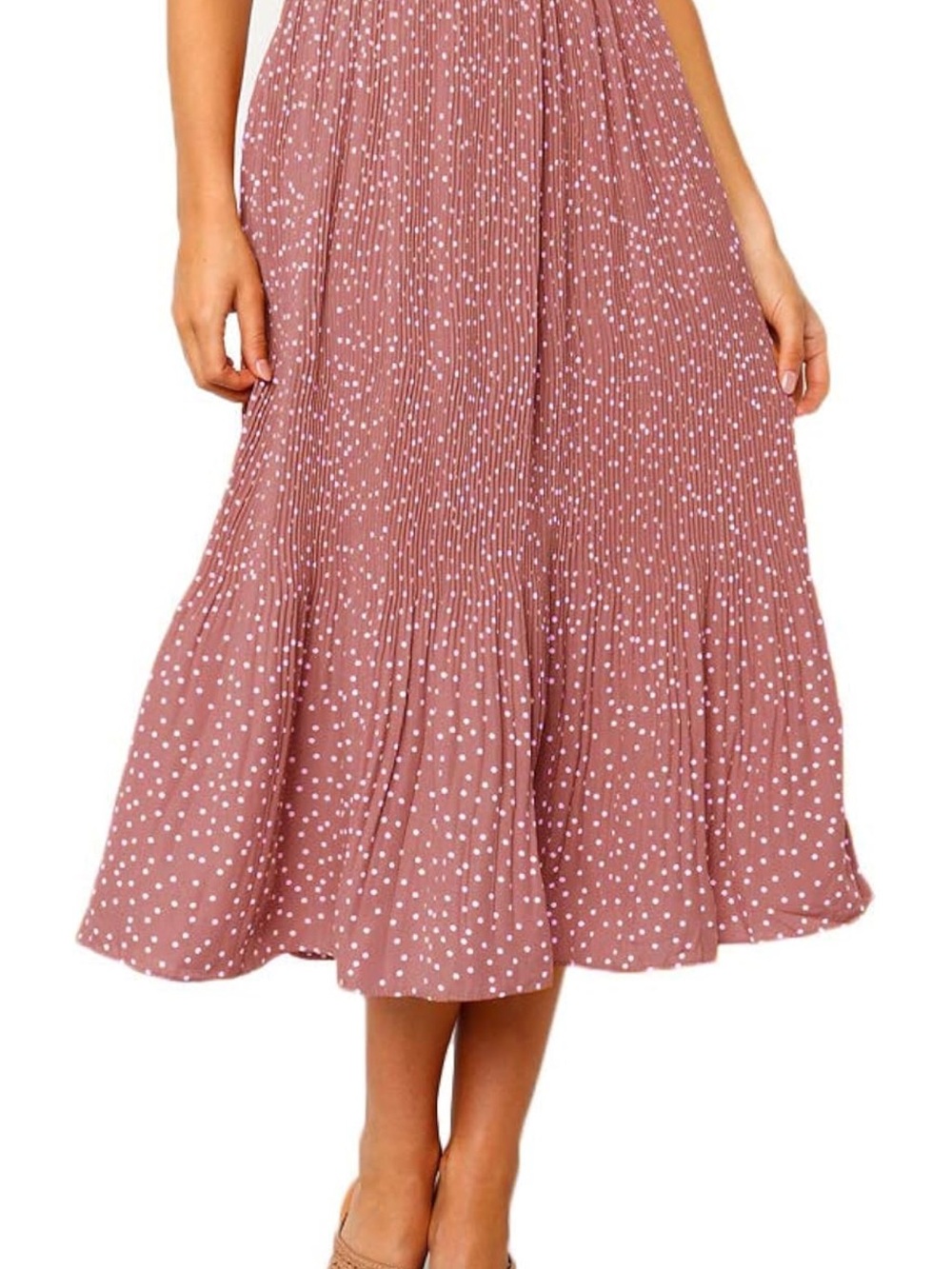 Pleated Polka Dot Midi Skirt in Dusty Rose